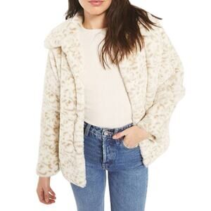 Z Supply Aster Snow Leopard Faux Fur Collared Button Up Coat Jacket White Tan XS